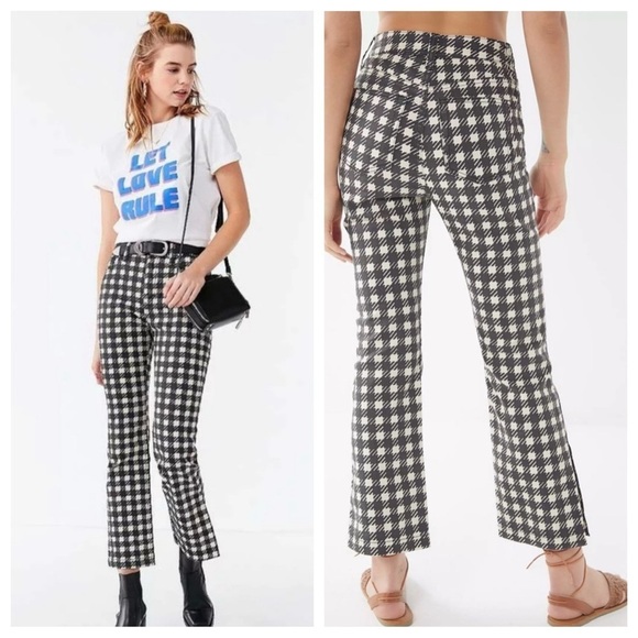 BDG Pants‎ Womens 34 Plus Black Houndstooth Kick Flare Cropped High Rise NEW - Picture 1 of 16